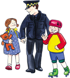 Policjant przeprowadza dzieci przez ulicę
